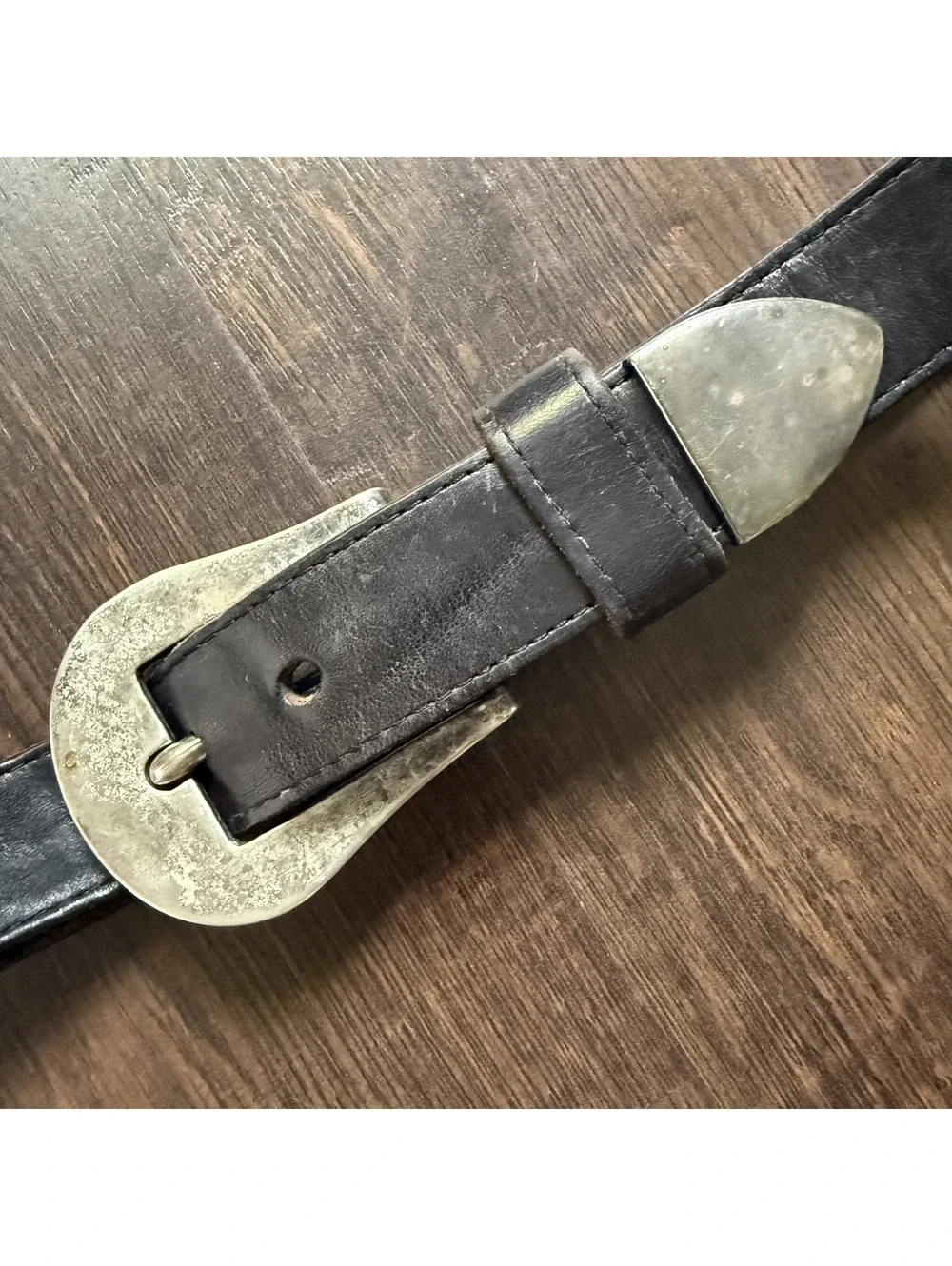 Vintage 80s Black Leather Western Belt Silver Tone Buckle Tip Size 28